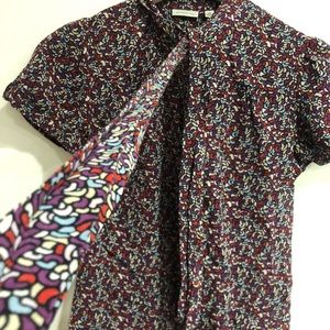 Silk work top: colorful wiggle print tie button up blouse for back to office